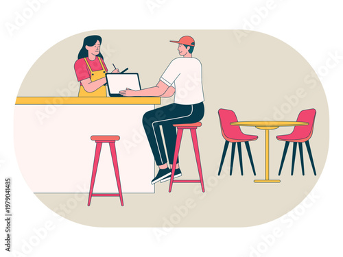 A customer sits in a cafe working on a laptop or tablet at the cashier's desk. Workaholic illustrations. Flat vector concepts.