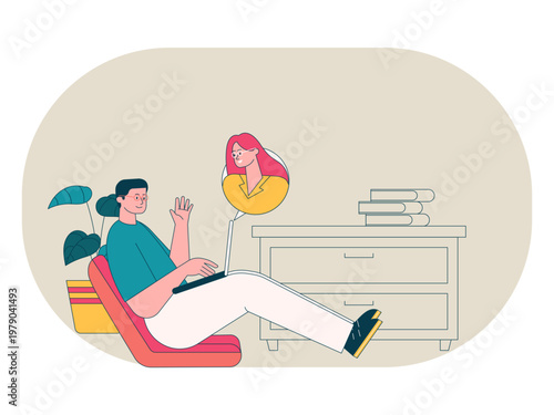 Man person engaged in remote work or a virtual meeting from the comfort of their home. Workaholic illustrations. Flat vector concepts.
