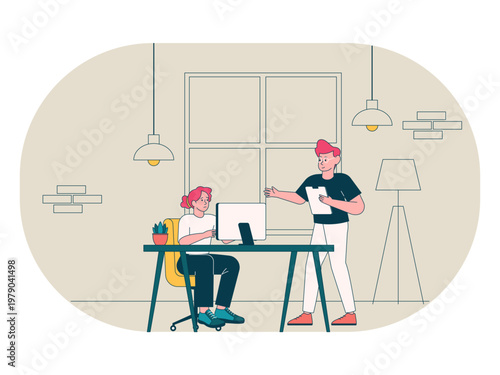 Two coworkers interact in the workplace representing themes such as corporate teamwork, brainstorming, or professional collaboration. Workaholic illustrations. Flat vector concepts.