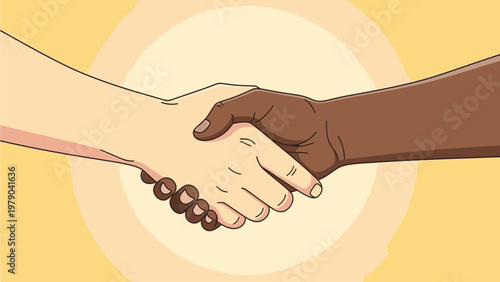 Illustration of two hands shaking, one light-skinned and one dark-skinned, with a rosary on the wrist, against a yellow background with a large beige circle.