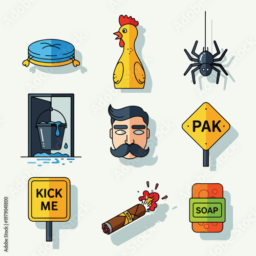 Colorful illustrated set of objects including a chicken, spider, and cigar