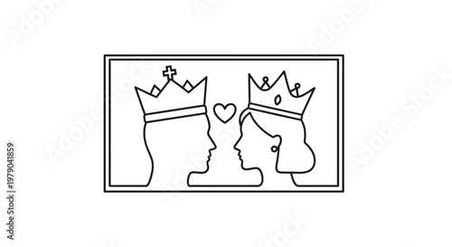 King and Queen Silhouettes with Heart Icon, Royal Couple Love Symbol
