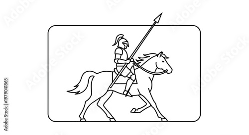 Knight Warrior Riding Horse with Spear, Medieval Knight on Horseback, Line Art Illustration