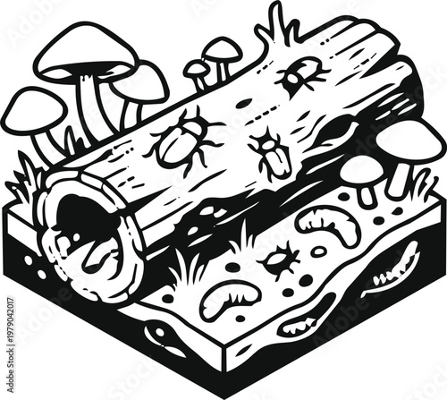 Line art vector illustration of a decomposing log with insects