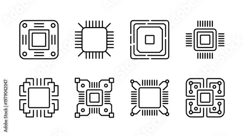 Circuit Board Line Icon Set – Technology PCB and Electronic Connection Symbols