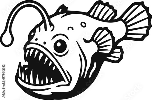 Line art vector illustration of an anglerfish in the deep sea