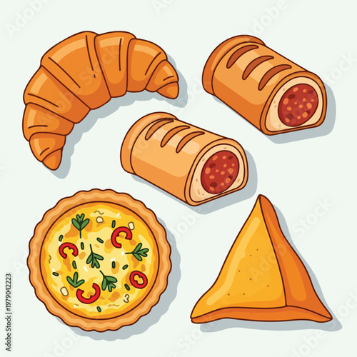 Colorful illustrated assortment of delicious baked pastries and savory food items