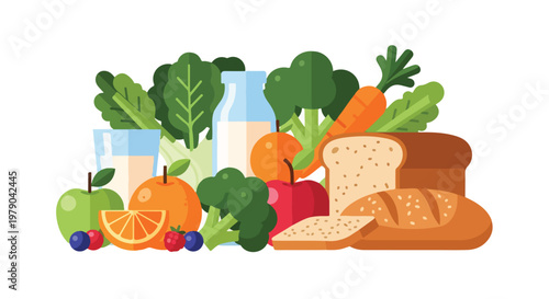 Colorful illustrated assortment of healthy foods, fruits and vegetables