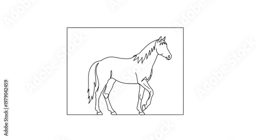 Elegant Horse Walking in Profile, Line Art Illustration