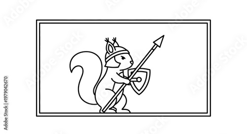 Cute Squirrel Warrior with Spear and Shield, Cartoon Style, Vector Illustration
