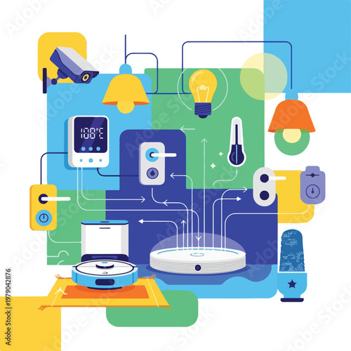 Colorful illustration depicts interconnected smart home devices and their controls