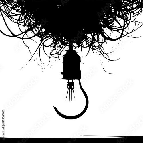 Chaotic wire hanging bulb black and white silhouette variation 2