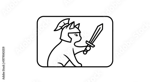 Cute Cat Warrior with Helmet and Sword, Cartoon Style