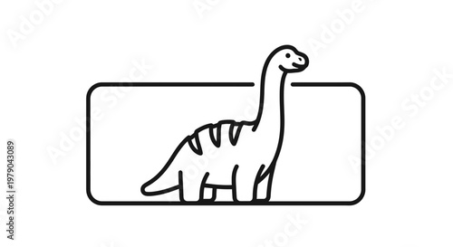 Cute Dinosaur Icon in a Rectangle Frame, Simple Line Art, Vector Illustration