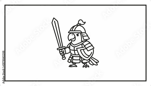 Cartoon Parrot Warrior with Sword and Shield, Funny Bird Knight Illustration