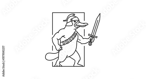 Cartoon Platypus Warrior with Sword and Helmet, Comic Style