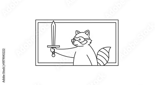 Cartoon Raccoon Warrior Holding Sword in Frame