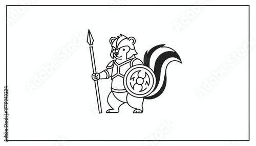 Cartoon Skunk Warrior with Shield and Spear, Fantasy Character, Cute Animal Warrior