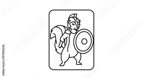 Cartoon Squirrel Warrior with Shield and Helmet, Line Art