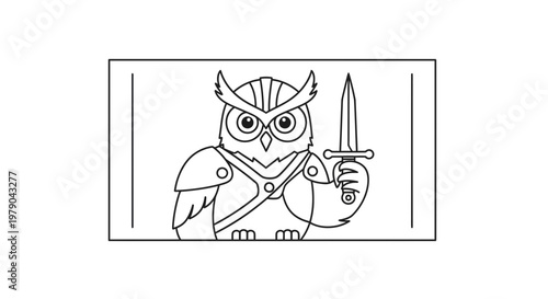 Cartoon Warrior Owl Holding Dagger, Fantasy Character, Line Art