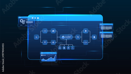 AI workflow automation artificial intelligence. ai agent network diagram dashboard machine learning architecture data pipelines, analytics panels and automation flow system.