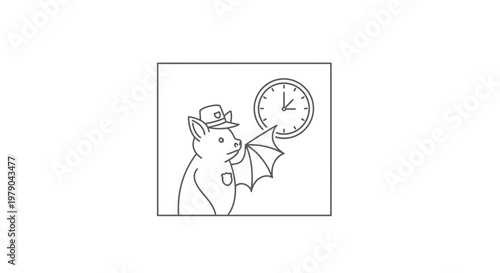 Whimsical Bat in Hat Checks Clock, Cartoon Style