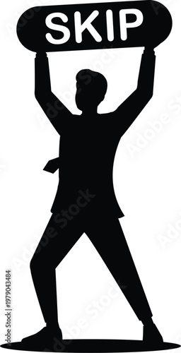 A black silhouette of a person holding a sign that says skip isolated on white background