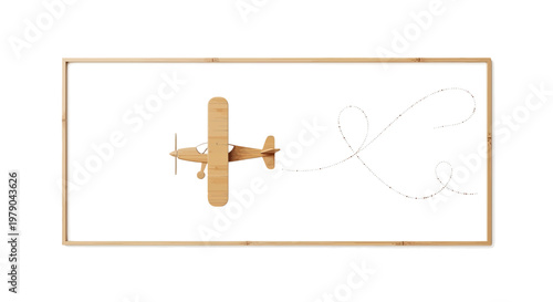 Wooden toy airplane flying, leaving a trail of smoke in a looping pattern against a white background.