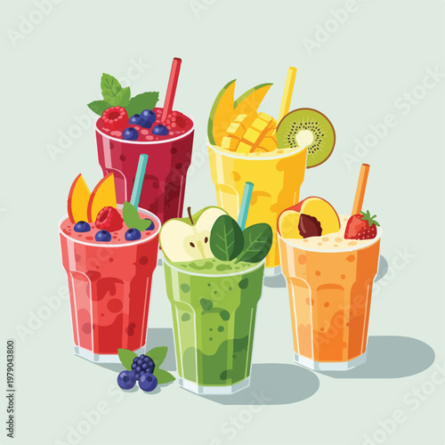 Colorful illustration of five fruit smoothies with straws and toppings