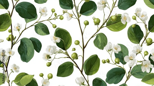 Seamless botanical pattern with greenery and white flowers