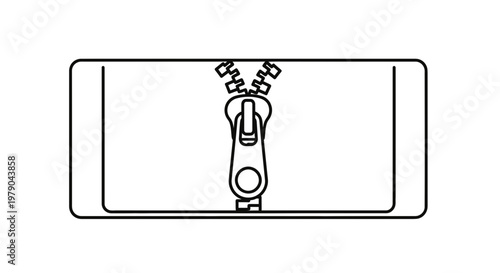 Zipper fastener on a rectangular surface, graphic illustration, open and closed.