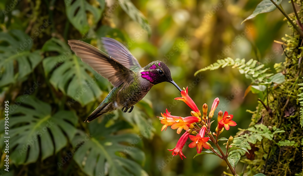 Obraz premium Hummingbird Hovering Near Red Flower in Tropical Garden