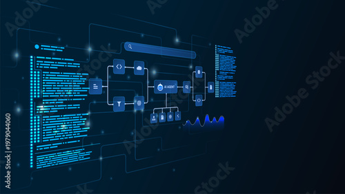 AI workflow automation artificial intelligence. ai agent network diagram architecture digital flow process, coding and automation system.