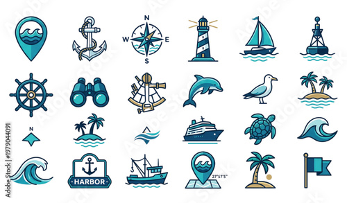 A collection of nautical icons and symbols in a flat design style