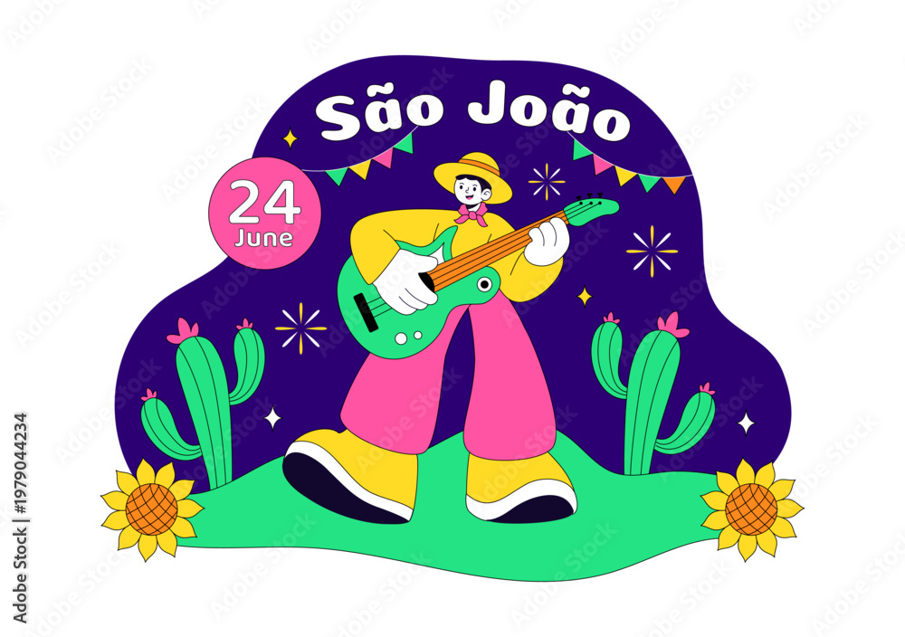Fototapeta premium Sao Joao Festival Vector Illustration With Bonfire, Guitar, Dance, and Traditional Festa Junina Celebration Night Party Design