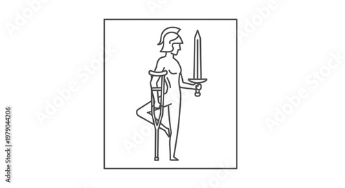 Warrior with crutches and sword, symbolizing strength and resilience despite injury