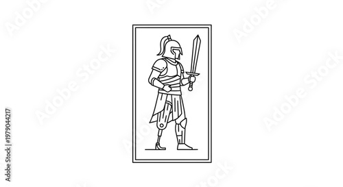 Warrior with Prosthetic Leg and Sword, Ancient Armor, Line Art Illustration