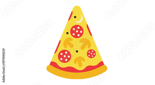 A vibrant illustration of a pizza slice featuring pepperoni and mushrooms on a white background
