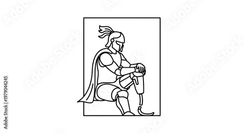 Warrior with Prosthetic Leg Sitting in Armor, Symbol of Resilience and Strength