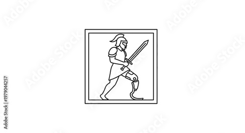 Warrior with prosthetic leg, holding sword, in ancient armor, line art, symbol