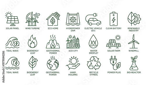 A collection of eco-friendly icons and symbols for sustainable energy and environment