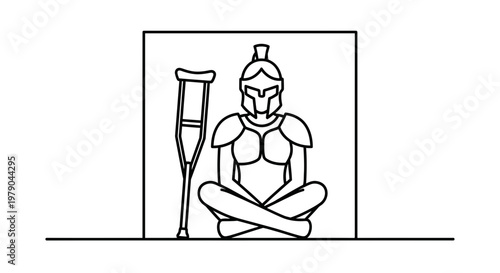 Warrior Woman with Crutch Sitting in Lotus Pose, Symbolizing Resilience and Recovery