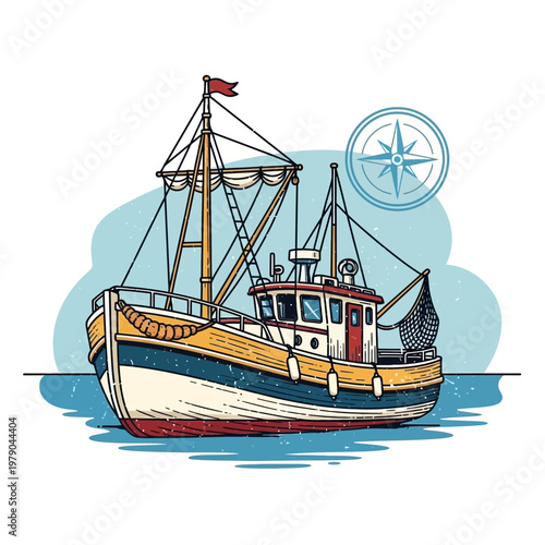 Fishing boat at sea with compass