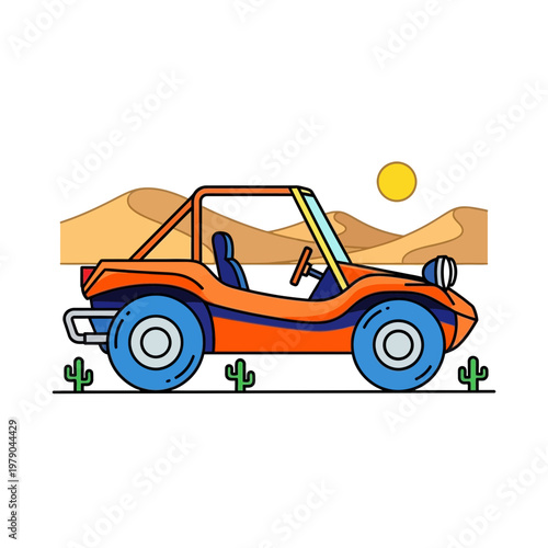 Orange dune buggy in desert with cacti and sun
