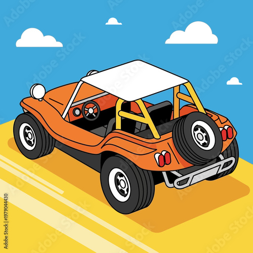 Orange dune buggy driving on sand with blue sky and clouds