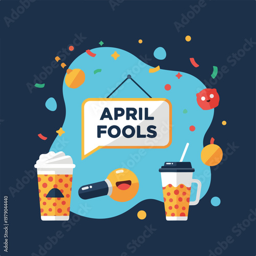 Colorful illustration with "April Fools" sign and fun drink cartoons