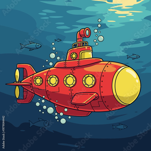 Red Submarine Underwater Exploration with Fish and Bubbles