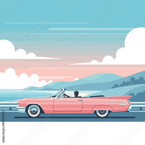 Retro Pink Convertible Car Driving on Scenic Coastal Road at Sunset