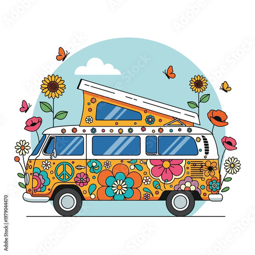 Retro Hippie Camper Van with Flowers and Butterflies