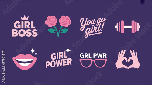 A minimalist black and white line art illustration of empowering female symbols and phrases on a purple background including girl boss and girl power.